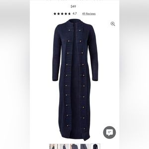 Women’s, long duster sweater, button tan detail, black in color, size large